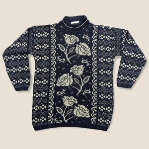 Vintage 80s Ugly Grandma Sweater Gold Roses mock neck Dana Scott